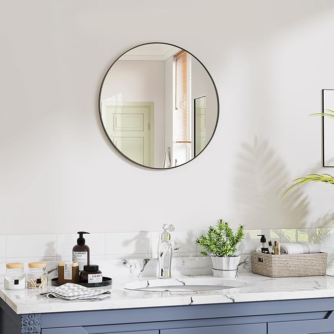 Black Round Bathroom Mirror, 20 inch Circle Wall Mounted Hanging Mirror - Image 2