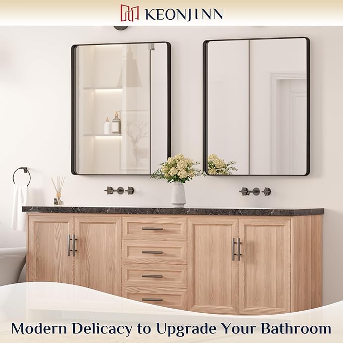 Keonjinn Black Framed Mirrors for Bathroom 30 x 36 Inch Rounded Rectangle Wall - Image 2