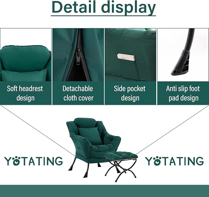 Lazy Chair with Ottoman, Comfy Reading Chair with Footstool & Pillow Modern - Image 4