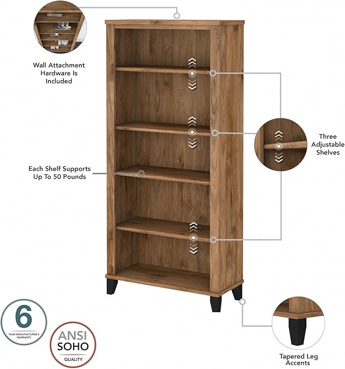 Bush Furniture Somerset 5 Shelf Bookcase in Fresh Walnut, Tall Bookshelf - Image 7