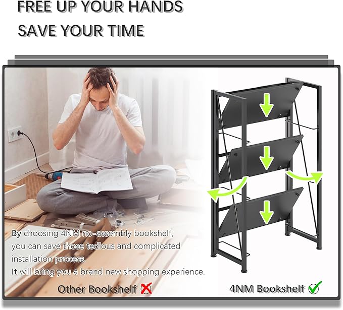 4NM No-Assembly Folding Bookshelf Storage Shelves 3 Tiers Vintage Bookcase - Image 6
