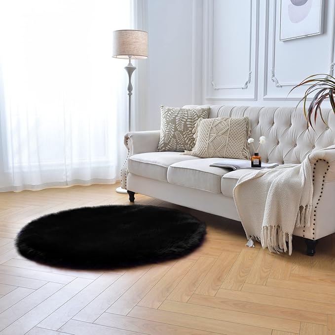 duduta Black Faux Sheepskin Round Rug 4x4 ft, Fluffy Shag Fur Bedroom Nursery - Image 7