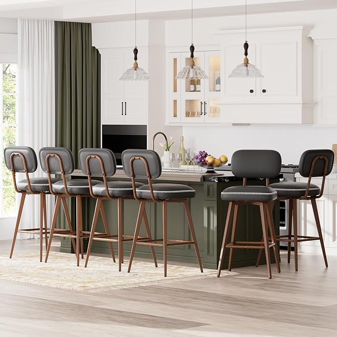 Swivel Bar Stools Set of 6, Mid Century PU Leather Counter Height Bar Chairs by Unknown