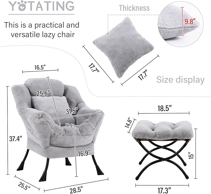 Lazy Chair with Ottoman, Comfy Reading Lounge Chair with Footstool & Throw - Image 3