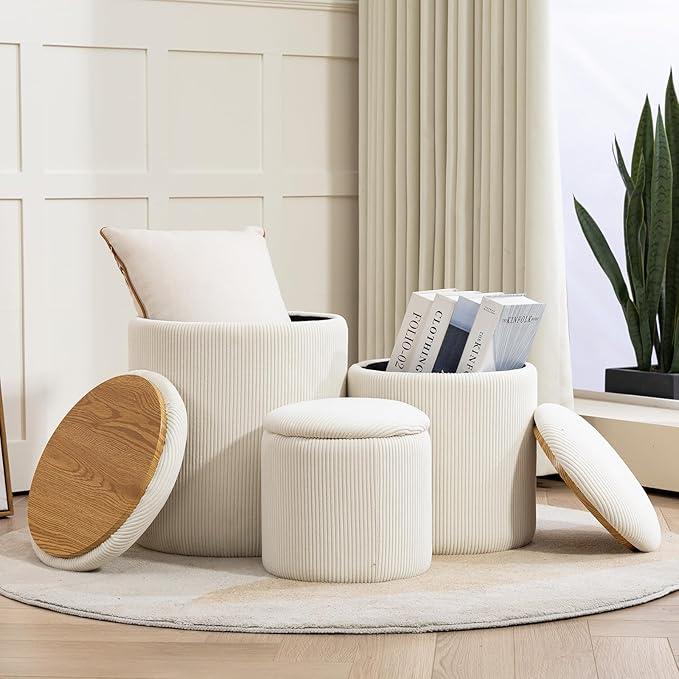 Round Set of 3 Ottoman with Storage-Upholstered Velvet Vanity Stool by ComHeFu