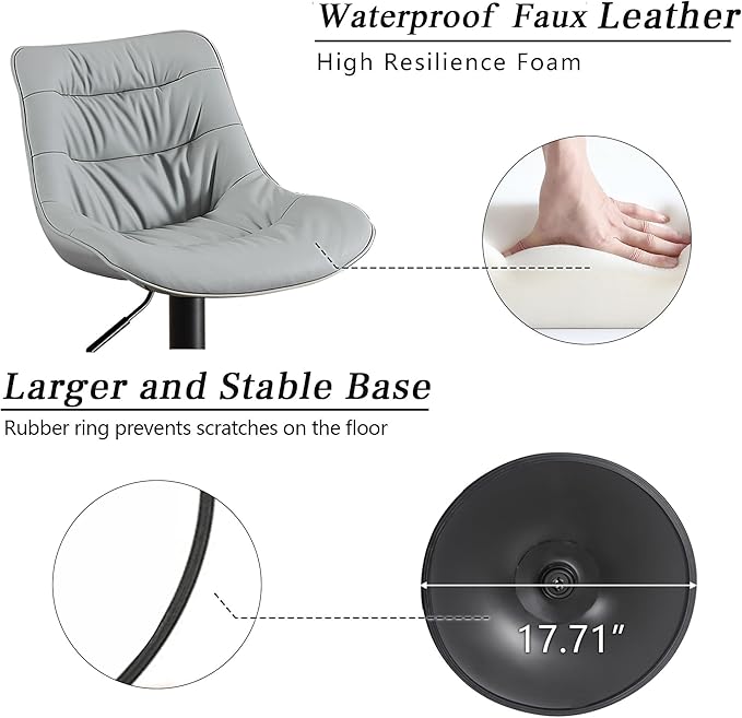 Kidol & Shellder Bar Stools Set of 2 Adjustable Swivel Gray, PU Leather - Image 7