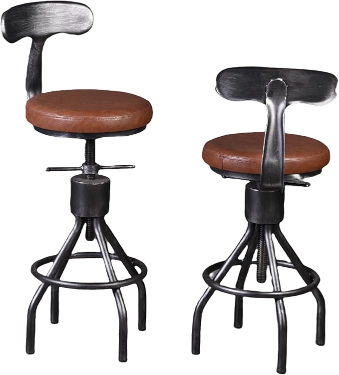 LOKKHAN Set of 2 Industrial Leather Bar Stools-Adjustable Swivel Metal Bar - Image 4