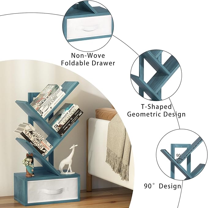 Small Book Shelf with Drawer, 4 Tier Black Tree Bookshelf, Modern Desk Display - Image 6