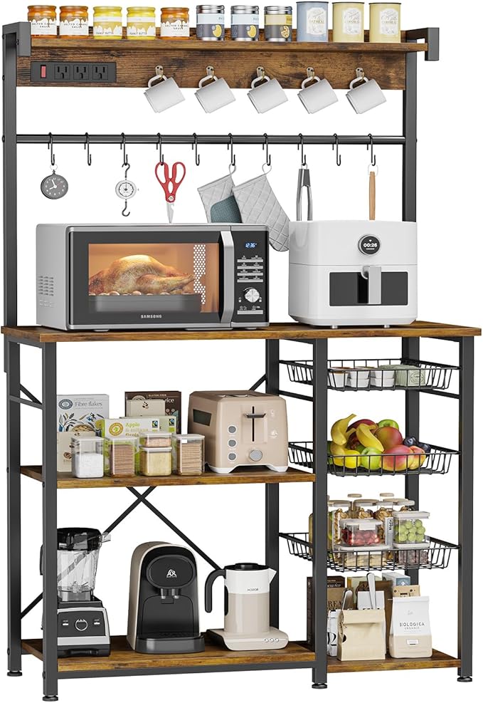 Large Bakers Rack with Power Outlets 38.8 Inches, 15 Hooks Coffee Bar with 3 by Kalrin