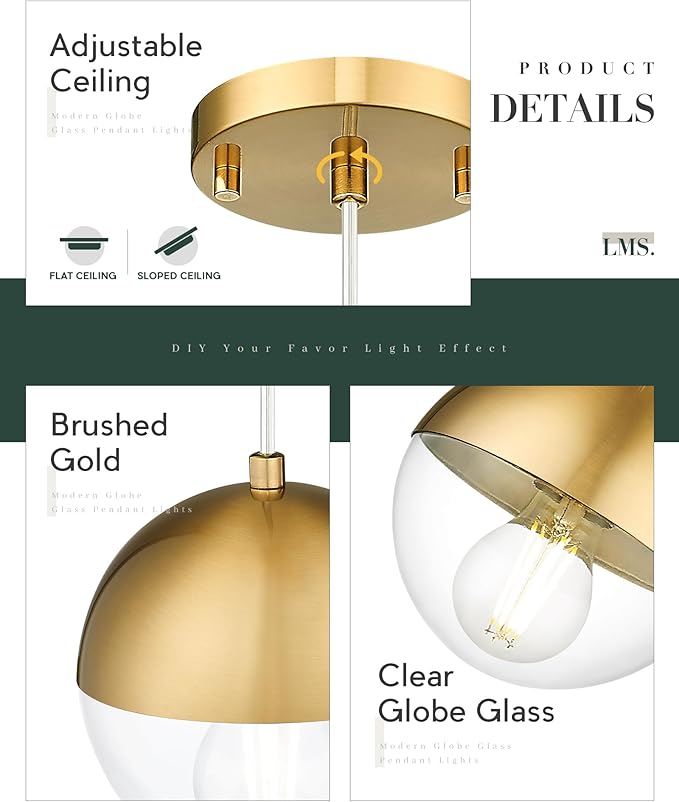 LMS 6-inch Modern Pendant Light, Brushed Gold Industrial Kitchen Island Pendant - Image 2
