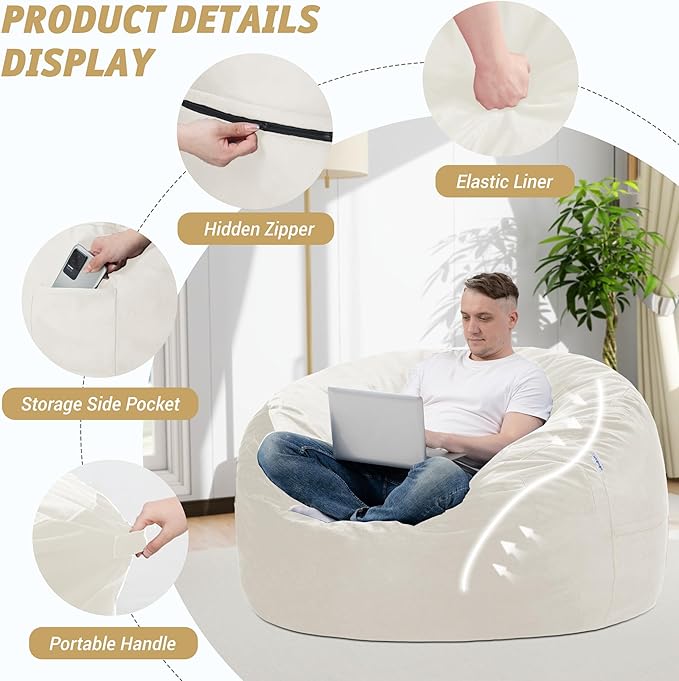 3FT Bean Bag Chair with Ultra Soft Velvet Cover Bean Bag Sofa with Memory Foam - Image 4