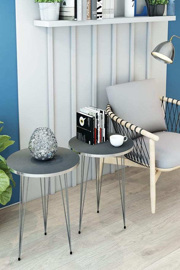 PAK HOME - Set of 2 End Table - High Gloss Grey Wood Round Sofa Side Coffee - Image 4