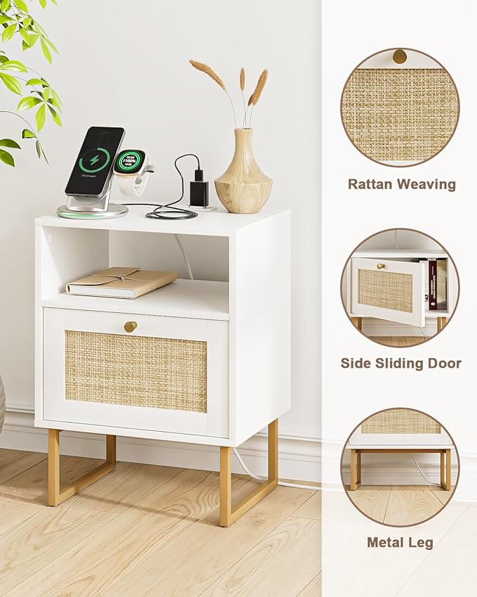 Rattan Nightstand with Charging Station, Boho Night Stand Farmhouse Wood - Image 5