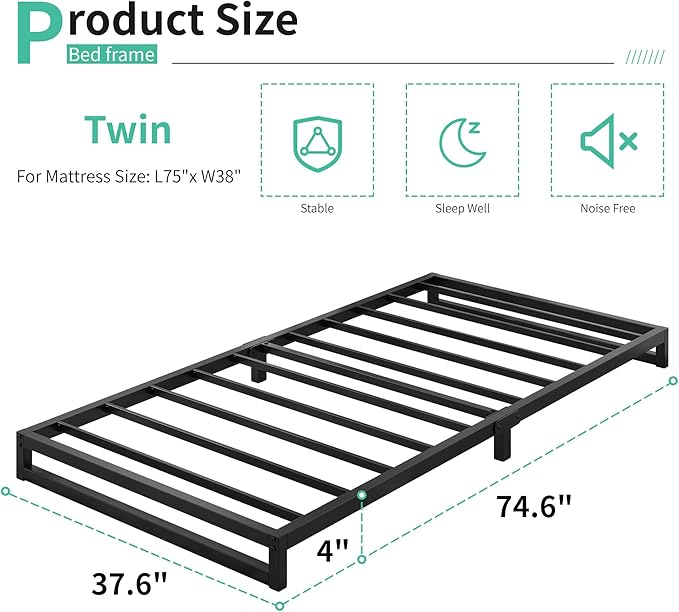 4 Inch Twin Size Bed Frames Heavy Duty Metal Twin Platform Bed Frame No Box - Image 2