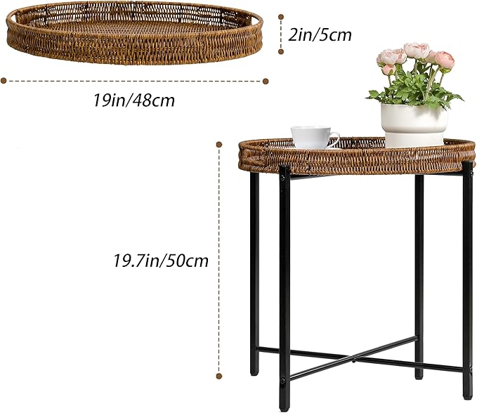 Brown Small Round End Table, 19in Rattan End Tables, Wicker Rattan Side Table - Image 3