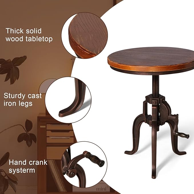 Industrial Iron Adjustable Crank Accent Table, Walnut Wood Top/Copper Home - Image 4