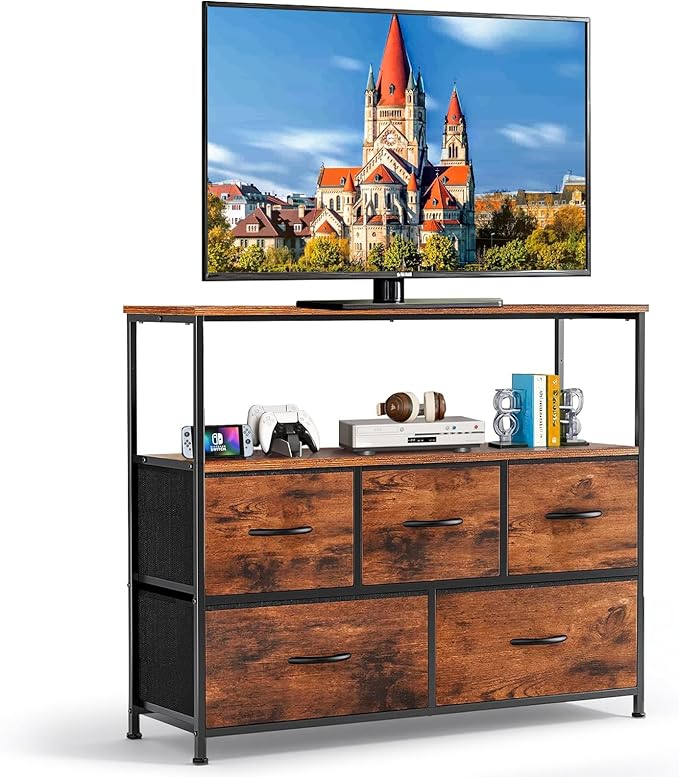 TV Stand, 5 Fabric Drawers Dresser Entertainment Center by Unknown