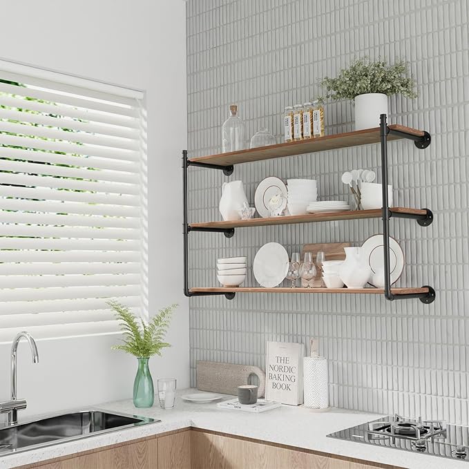 Industrial Pipe Shelf Brackets Wall Mount, Open Black Pipe Shelving - Image 2
