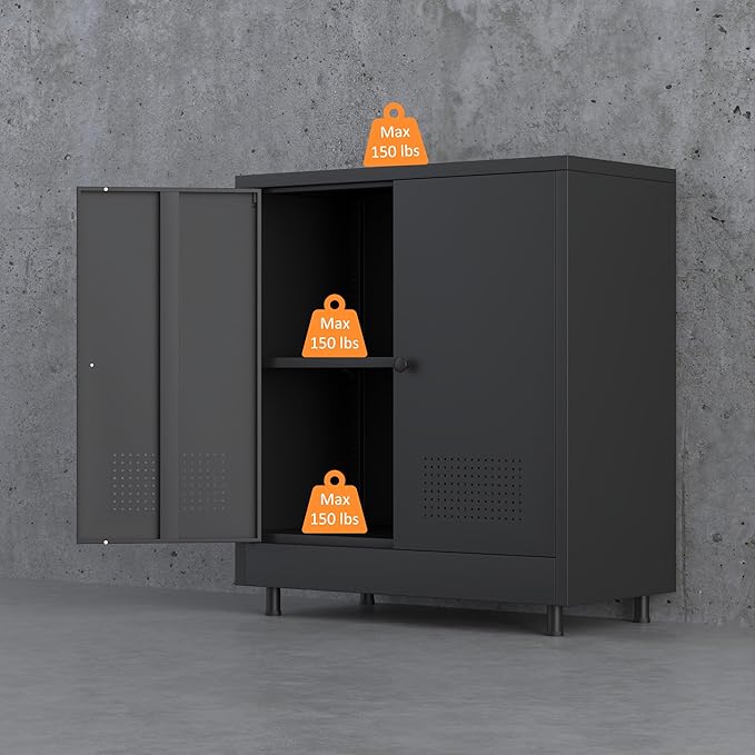 Metal Storage Cabinet with 2 Doors and Adjustable Shelf, Steel Accent Sideboard - Image 7