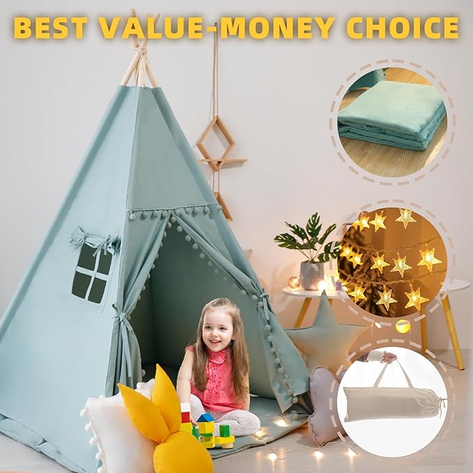 Teepee Tent for Kids with Mat, Star Lights, Carry Case, Cotton Canvas Playhouse - Image 6