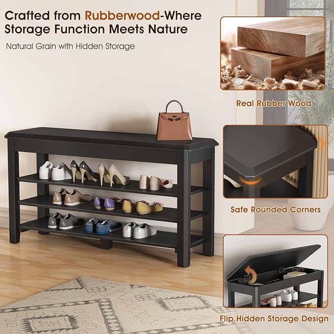 Shoe Rack Bench Seat Rubberwood 3-Tier Wooden Storage Bench 550lbs Compact - Image 6