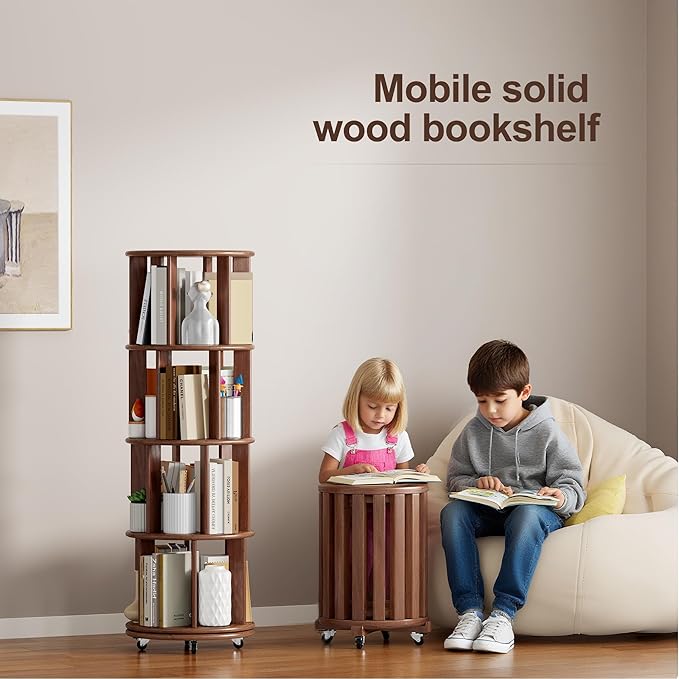 KEIKI Solid Wood 4 Tier Rotating Bookcase, Round Revolving Bookshelf - Image 5