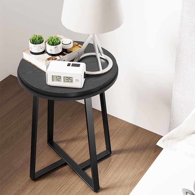 Round End Table, Small Side Table Black Color MDF Top, Metal Frame Black - Image 3