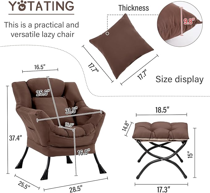 Lazy Chair with Ottoman, Comfy Reading Chair with Footstool & Pillow Modern - Image 3