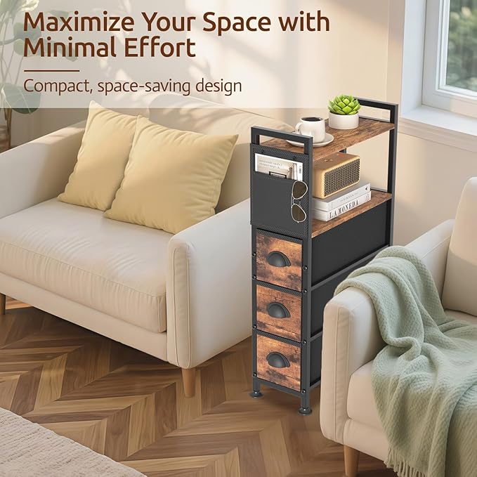3 Drawer Narrow Dresser Side End Table Small Spaces, Slim Nightstand Bedside - Image 5