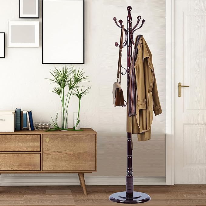 Coat Racks Free Standing with 14 Hooks, Natural Wood Coat Stands by Sauqzoh
