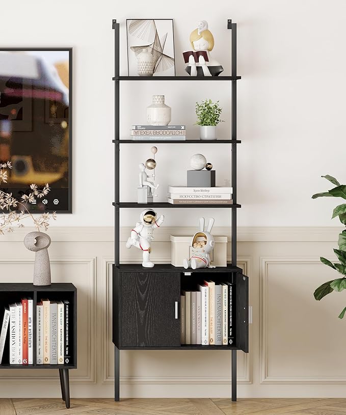 Yusong 73" Tall Bookshelf with Cabinet, Industrial Ladder Wall Mount Shelf - Image 3