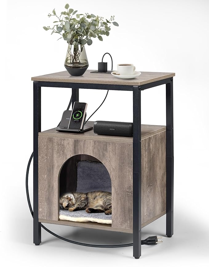 Cat End Table with Charging Station, Indoor Cat House Side Table with Bed by Upolana