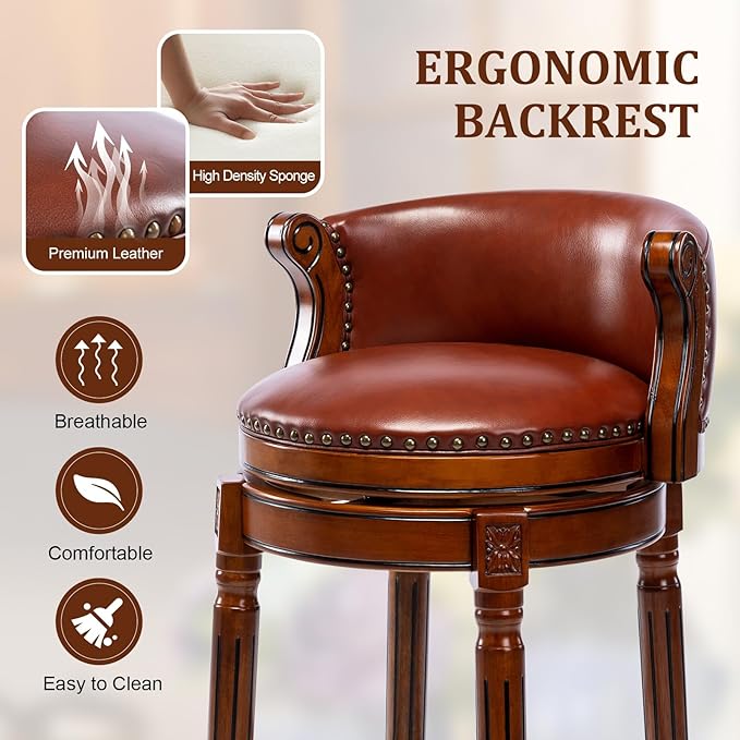 CozyRain Bar Stools Rubber Wood Counter Height Bar Stool Leather Upholstered - Image 4