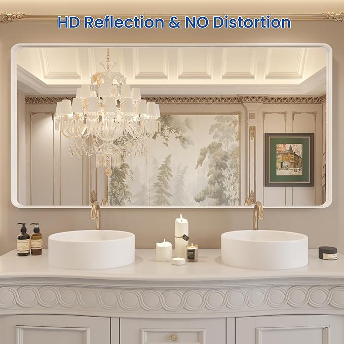 WEER White Bathroom Mirror 60X30 Inch, Rounded Rectangle White Metal Frame - Image 2
