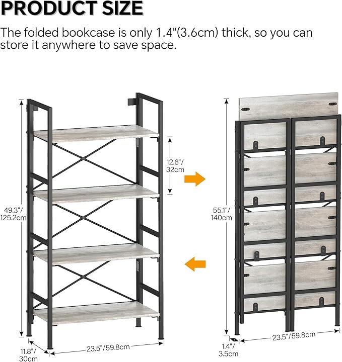 Folding Bookshelf, 4 Tier Bookcase Foldable Shelf - Image 3