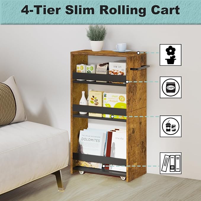 MARTY Rolling Storage Cart 7.9" W, 4-Tier Narrow Kitchen Cart - Image 7