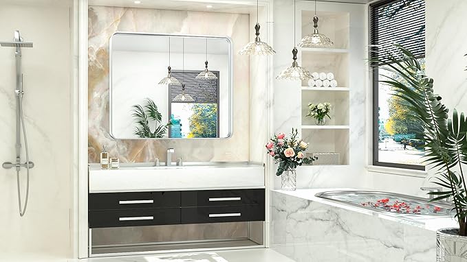 TokeShimi 42x36 Inch Brushed Silver Bathroom Mirror - Image 2