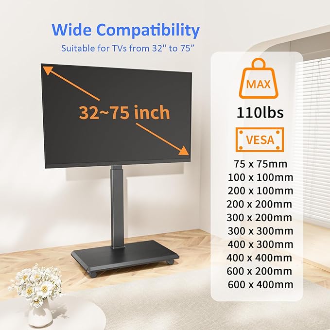 Rolling TV Stand, Portable Mobile TV Stand - Image 2