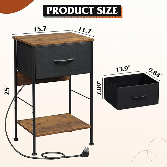 WLIVE Nightstand with Charging Station, Night Stand with 1 Fabric Drawer and - Image 3