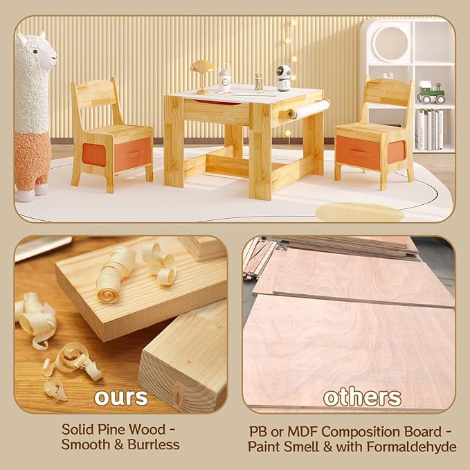 Pinewood Kids Table and Chair Set, 3 in 1 Toddlers Wooden Art Activity Table - Image 6