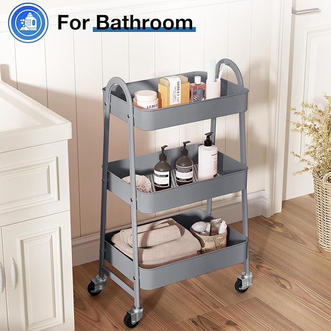 OLIXIS 3 Tier Utility Rolling Cart, Metal Mobile Storage Shelf - Image 5
