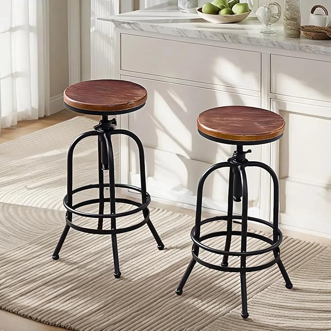 Diwhy Industrial Bar Stool-26-32 Inch Adjustable Swivel Metal Wood Seat Stool by Diwhy