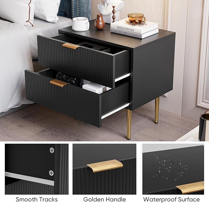 Black Nightstand for Bedroom, Fluted Night Stand Set of 2, Mid Century Modern - Image 3