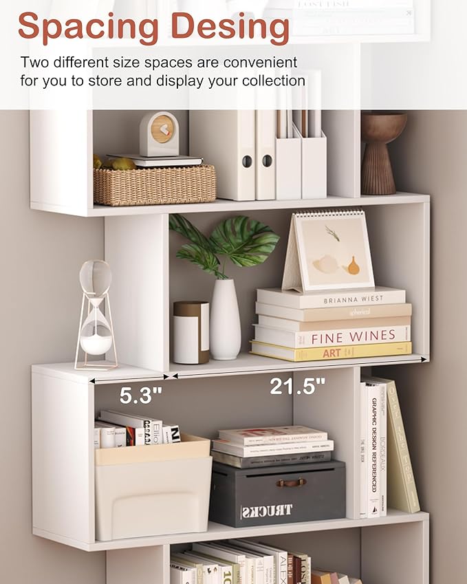 Yusong Bookshelf 5-Tier, Geometric Bookcase S Shaped Book Shelves - Image 8