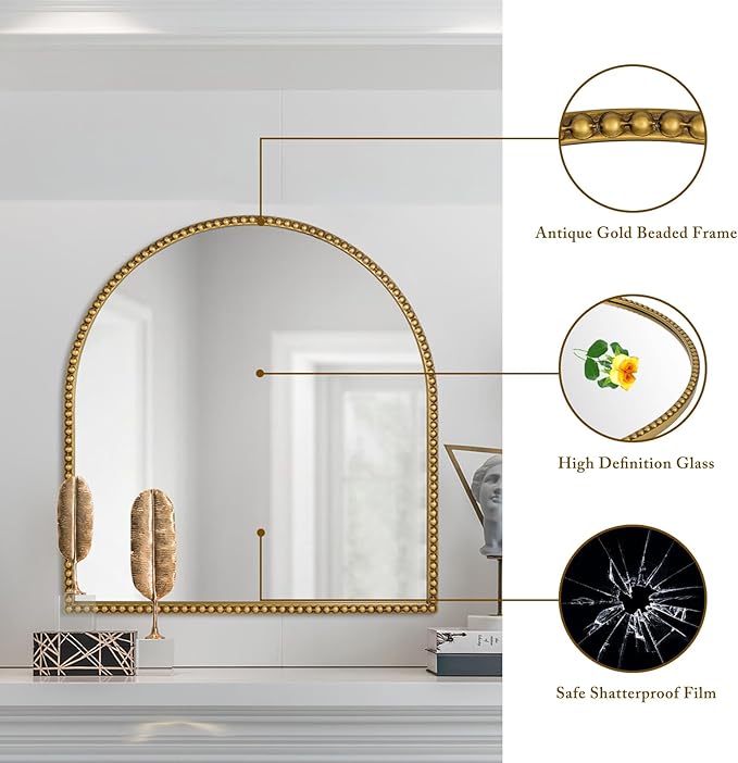 28x26 Inch Arched Bathroom Mirror, Antique Gold Wall Mirror Metal Beaded Frame - Image 3
