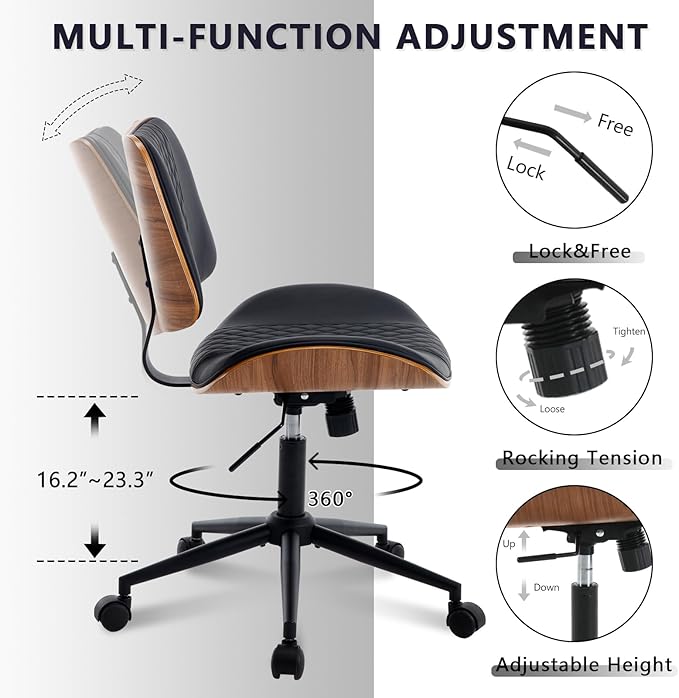 Home Office Chair No Arms with Wheels, Adjustable Height Small Desk Chair - Image 5