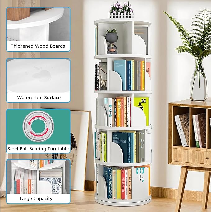 Rotating Bookshelf Tower, 360 Display 5 Tier Floor Standing Bookcase Storage - Image 6