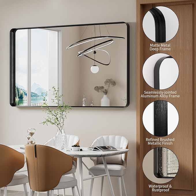 Koonmi Black Wall Mirror for Bathroom, 36x60 Inch Matte Deep Framed Rounded - Image 4