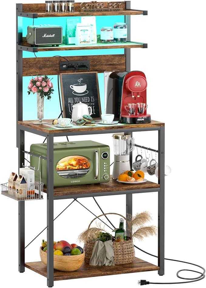 Aheaplus Bakers Rack with Power Outlet, Microwave Stand, 5 Tiers Coffee Bar - Image 2