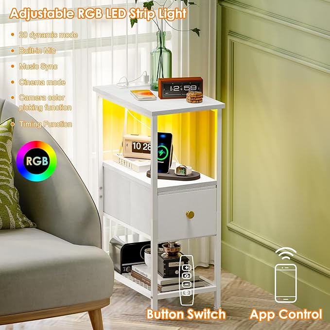 Fixwal Narrow Side Table with Charging Station and LED Light, Skinny Nightstand - Image 4